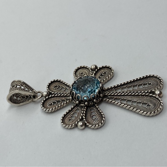 Vtg Sterling & Topaz Filigree Large Cross Pendant - DGS Turkey / 2.3” Length - Picture 4 of 11